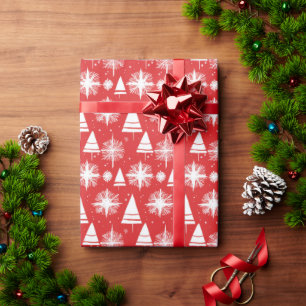 Papier Cadeau Arbres de Noël scandinaves et flocons de neige
