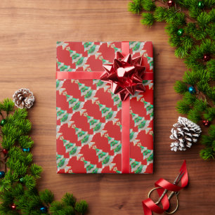 Papier Cadeau Arbres de Noël sur Parties scintillant rouges