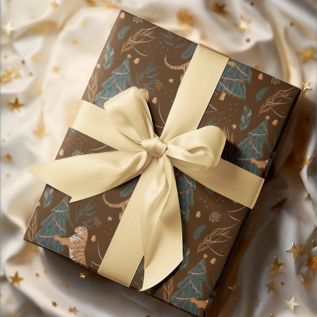 Papier Cadeau Arbres de Noël & tigres motif brun arrière - plan (Créateur téléchargé)