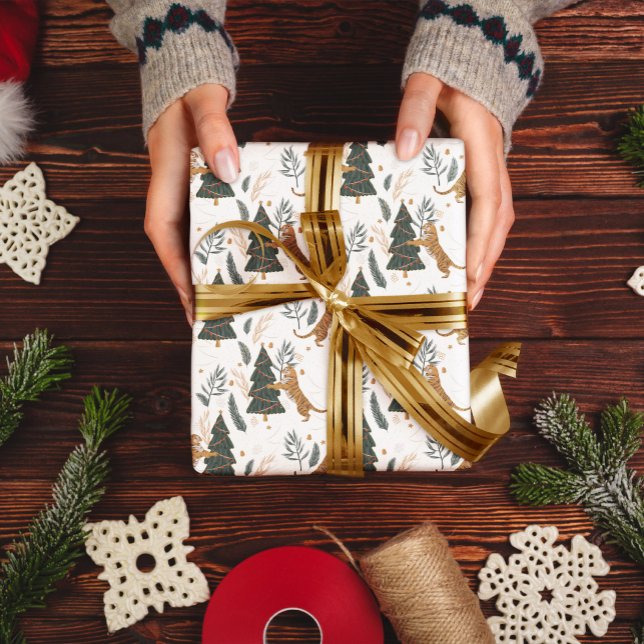 Papier Cadeau Arbres de Noël & tigres motif personnalisé arrière (Créateur téléchargé)