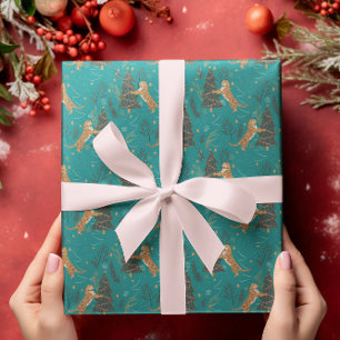 Papier Cadeau Arbres de Noël & tigres motif sur turquoise