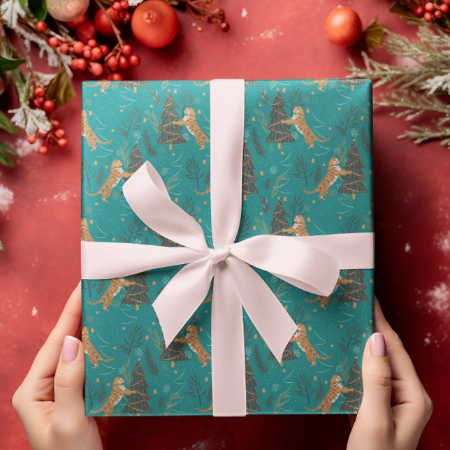 Papier Cadeau Arbres de Noël & tigres motif sur turquoise (Créateur téléchargé)