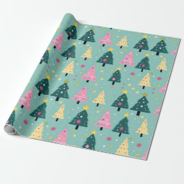 Papier Cadeau Arbres de Noël turquoises roses rétro