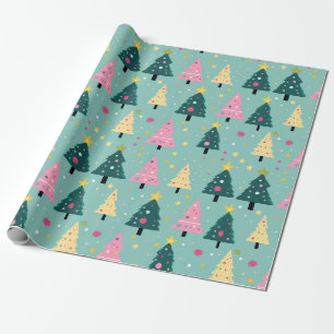 Papier Cadeau Arbres de Noël turquoises roses rétro