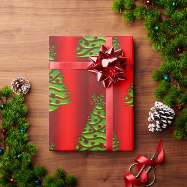 Papier Cadeau Arbres de Noël verts en rouge (Créateur téléchargé)
