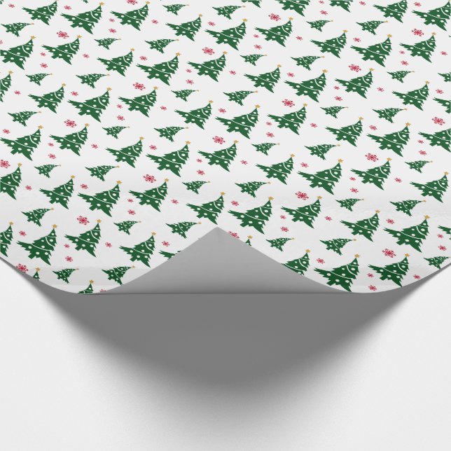 Papier Cadeau Arbres de Noël verts et motif rouge de flocons de (Coin)