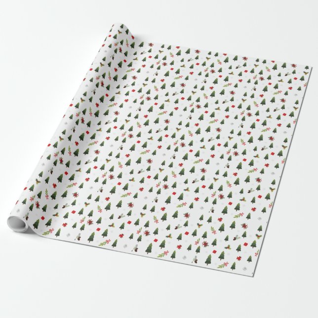 Papier Cadeau Arbres de Noël verts saisonniers Mistletoe Holly W (Déroulé)