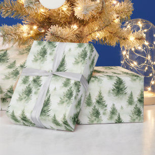 Papier Cadeau Arbres de Noël verts sur vert pâle