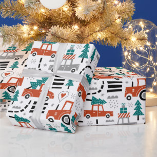 Papier Cadeau Arbres de Noël Voitures Tracteurs Vacances d'hiver