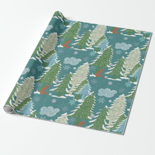 Papier Cadeau Arbres neigeux Papier à enveloppement Renard Rouge