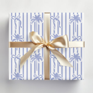 Papier Cadeau Arbres Palmiers Côtiers Blancs Bleus Nœuds Rayures