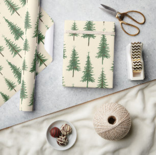 Papier Cadeau Arbres résineux beige aquarelle Noël vacances