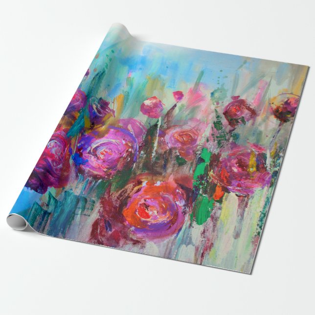 Papier Cadeau Arbuste à fleurs de pivoines, peintures modernes,  (Déroulé)