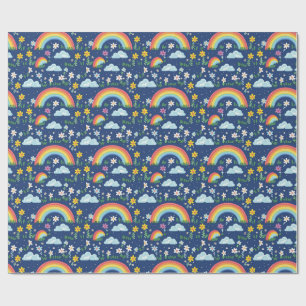 Papier Cadeau Arc-en-ciel, Fleurs et Motif de nuages