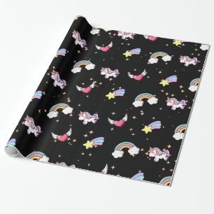 Papier Cadeau Arc-en-ciel Licorne Étoile Magique Mignonne en Noi