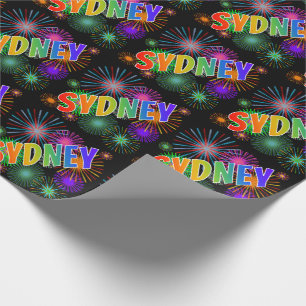 Papier Cadeau Arc-en-ciel prénom "SYDNEY" + Feux d'artifice