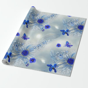 Papier Cadeau Argent élégant, bleu et gris floral et papillon