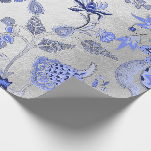 Papier Cadeau Argent floral bleu saphir gris Cobalt ornemental