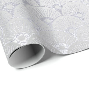 Papier Cadeau Argent Gris Floral Balances Coquillages Art Déco
