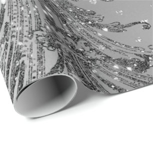 Papier Cadeau Argent gris métal cristal Damas Coeurs Noir