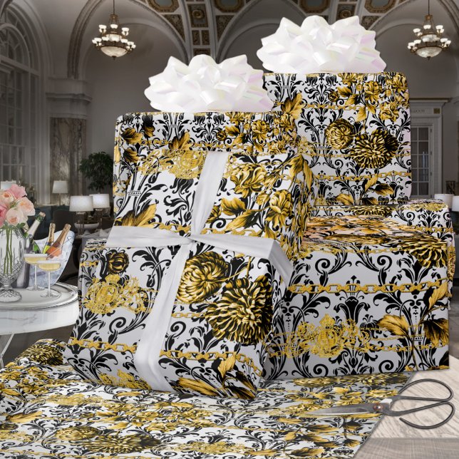 Papier Cadeau Argent Noir Floral Damask Acanthus Leaf (Créateur téléchargé)