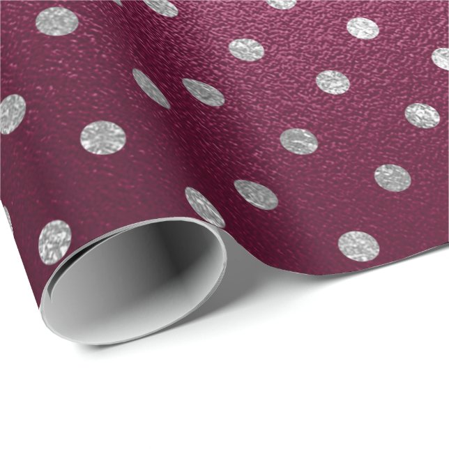 Papier Cadeau Argent Petite Pois Gris Metallo Beet Rouge (Coin rond)