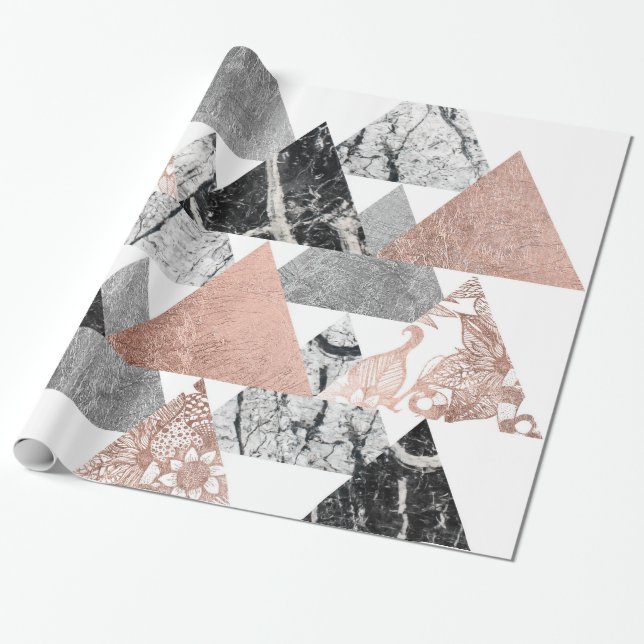 Papier Cadeau Argent rose d'or de marbre et triangles florales (Déroulé)
