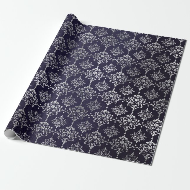Papier Cadeau Argent Royal Blue Navy Gris Floral Damask Vip (Déroulé)