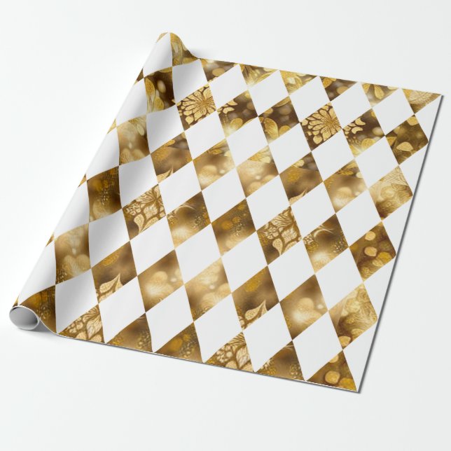 Papier Cadeau Arlequin grand or et diamant blanc (Déroulé)