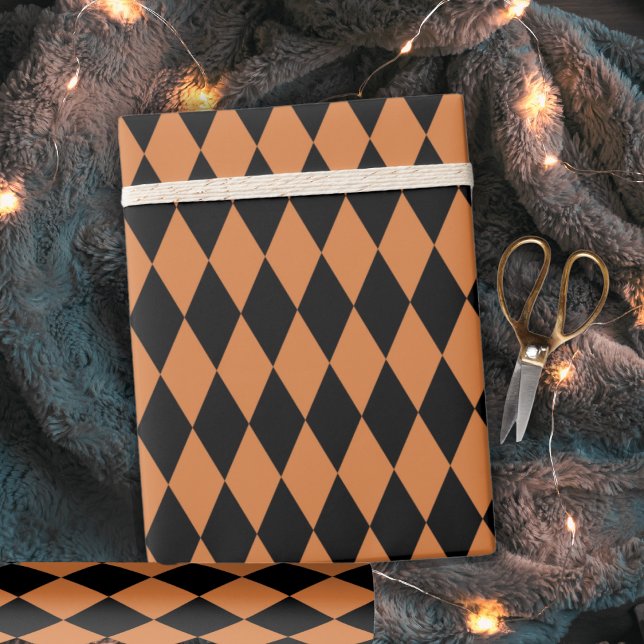 Papier Cadeau Arlequin Motif d'Orange et de Diamant noir (Orange and Black Diamond Harlequin Pattern Wrapping Paper)