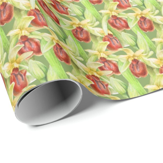 Papier Cadeau Armoire d'art d'aquarelle verte rouge botanique or (Coin rond)