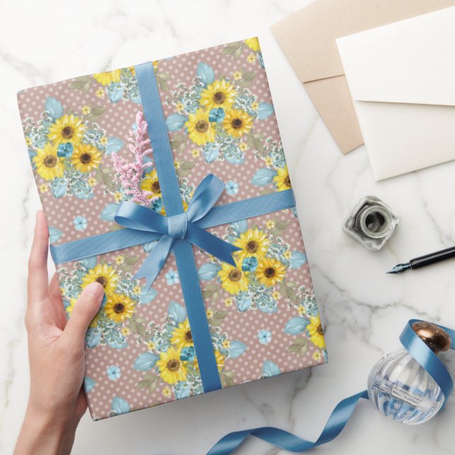 Papier Cadeau Arrangement de tournesol bleu, tan et jaune (Cadeaux)