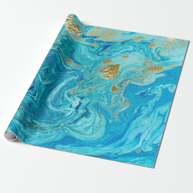 Papier Cadeau Arrière - plan abstrait marbré bleu et doré. Liqui (Déroulé)