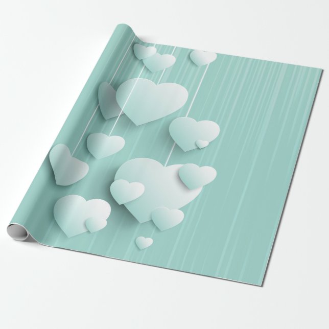 Papier Cadeau Arrière - plan vert clair avec coeur blanc 3D (Déroulé)