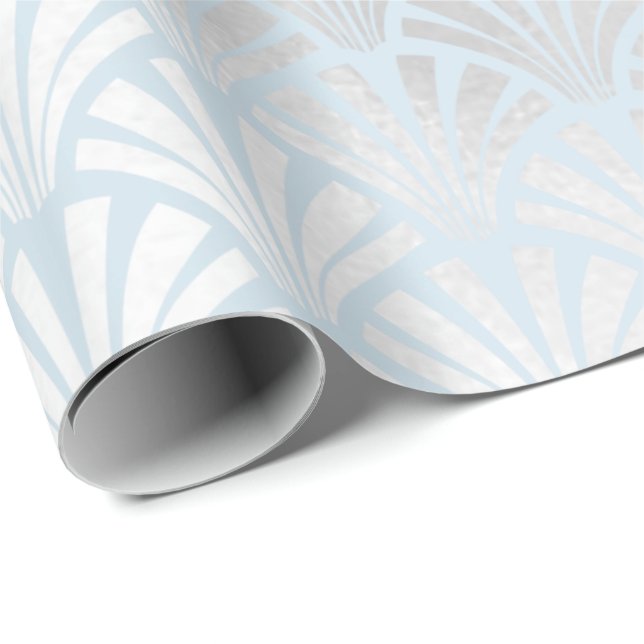 Papier Cadeau Art Déco Bébé Bleu Argent Gris Balances Coquillage (Coin rond)