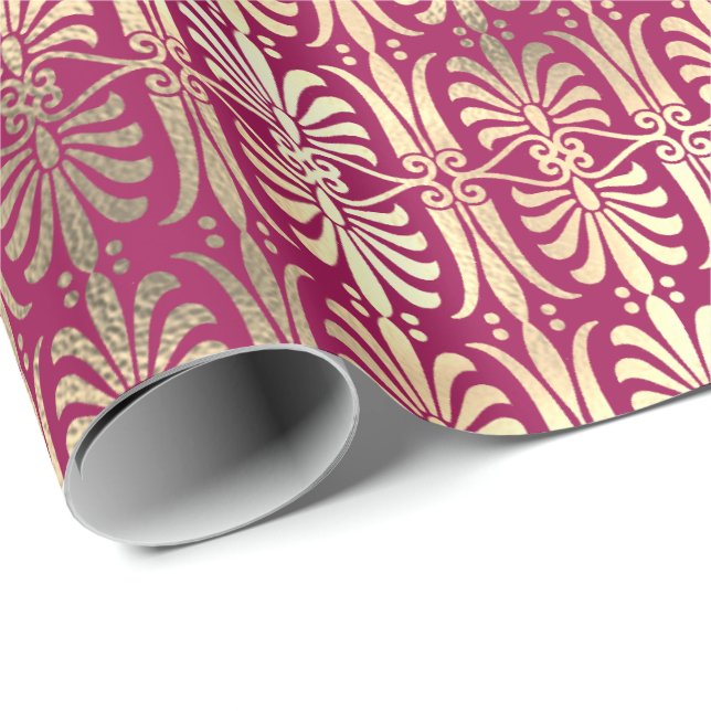 Papier Cadeau Art Déco Gold Champaigne Pink Peony Raspberry (Coin rond)