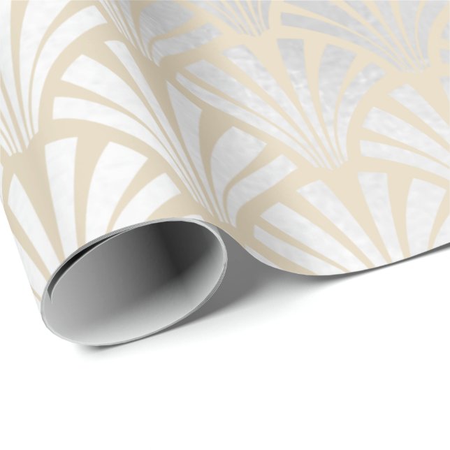 Papier Cadeau Art Déco ivoire argent gris scales coquillage élég (Coin rond)