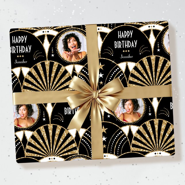 Papier Cadeau Art Déco Joyeux Anniversaire Photo Elegant Black G (Créateur téléchargé)