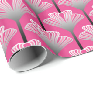 Papier Cadeau Art déco Lily, Fuchsia rose et gris argenté