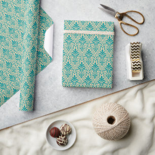 Papier Cadeau Art Déco Motif 01 - Turquoise sur Off-White