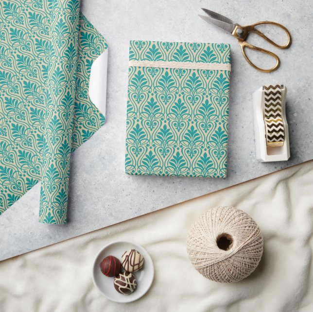 Papier Cadeau Art Déco Motif 01 - Turquoise sur Off-White (Artisanat)