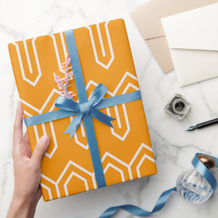 Papier Cadeau Art Déco Motif 05 - Blanc sur Vivid Gamboge