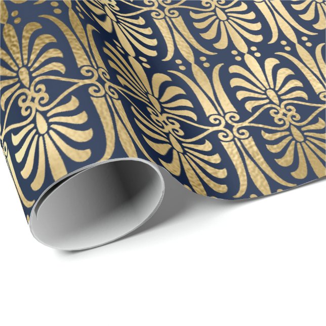 Papier Cadeau Art Déco Ornament Black Gold Elegant Blue Navy (Coin rond)