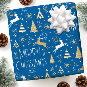 Papier Cadeau Art Déco Reinder de Noël Nom personnalisé Blue Gol