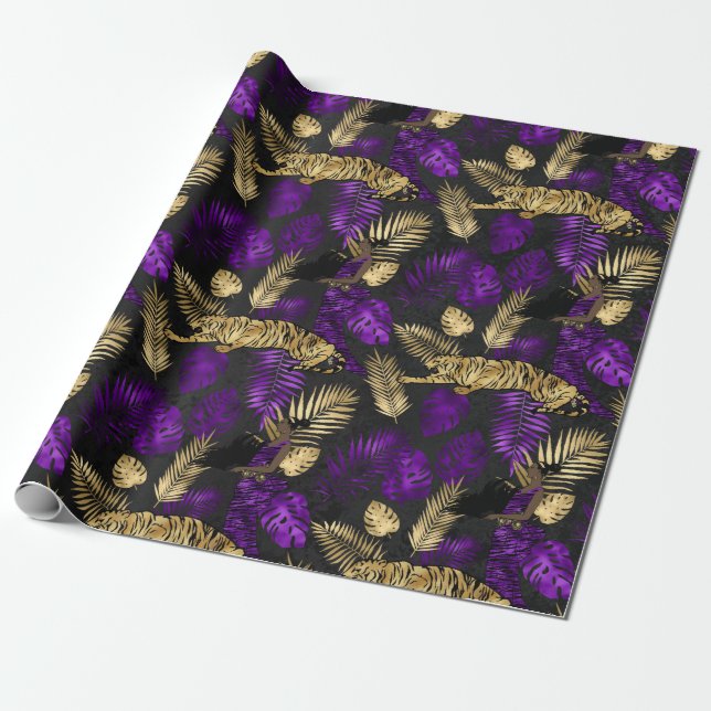 Papier Cadeau Art déco Tropical violet et tigre d'or (Déroulé)