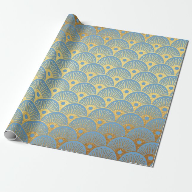 Papier Cadeau Art Déco Vagues d'or Coquillages Blue Pastel Vip (Déroulé)