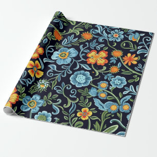 Papier Cadeau Art floral complexe : Fleurs bleues et orange 