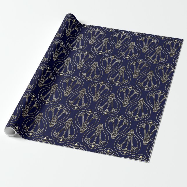 Papier Cadeau Art Nouveau Marine Bleu et or (Déroulé)