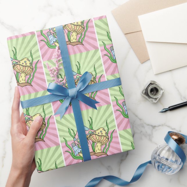 Papier Cadeau Art Pop Rose Jaune Style Champignons Rétro Anniver (Cadeaux)