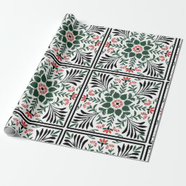 Papier Cadeau art populaire de noël vert et rouge